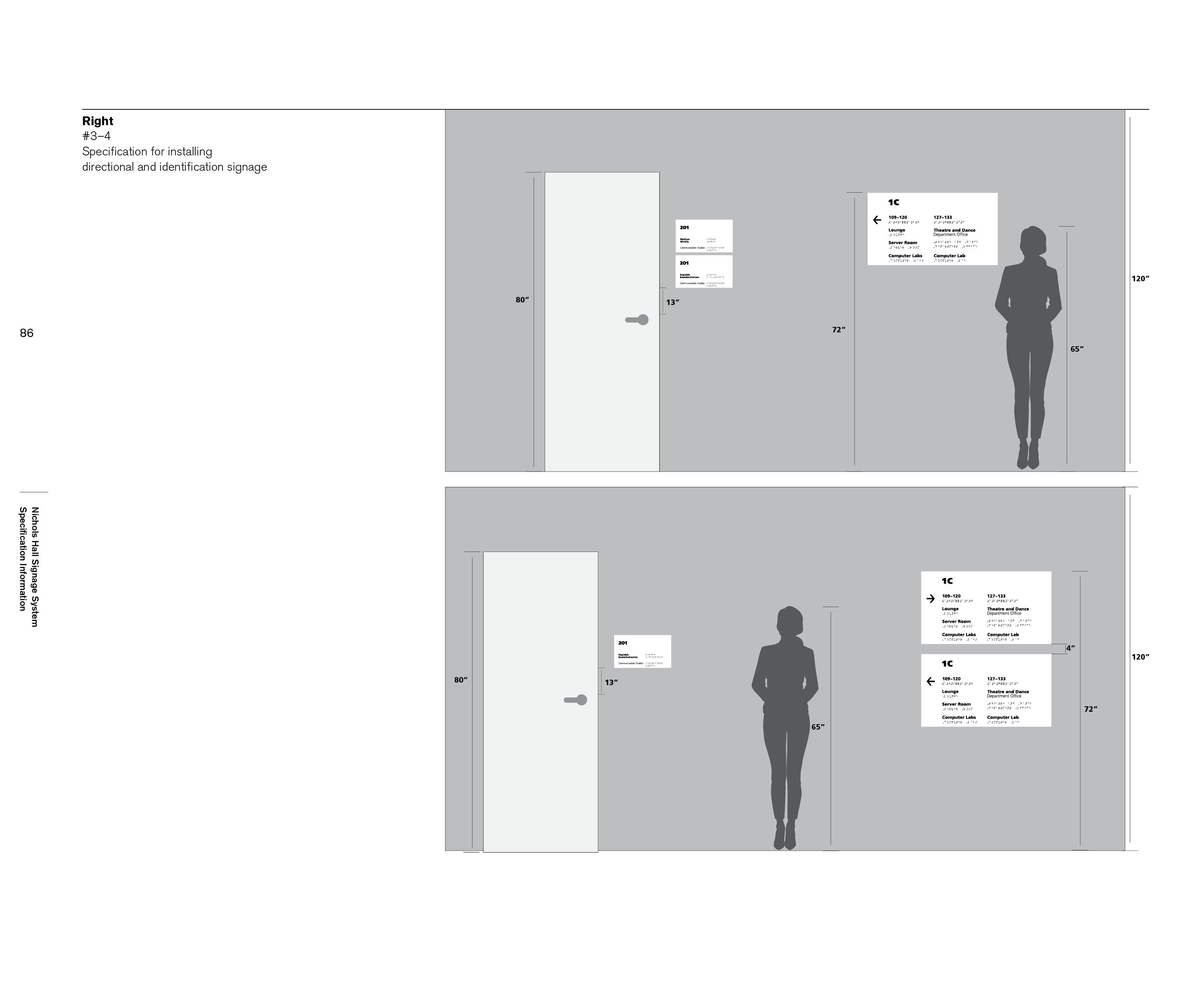 Signage specification sheet — size and placement diagrams